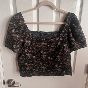 Madewell Smocked Top Square Neck Puff Sleeve Blouse Floral Print Cropped Black L